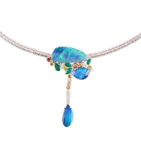 Opal Doublet, Diamond, Emerald, 14k White Gold Necklace