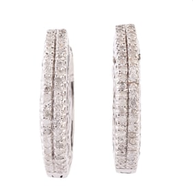 Pair of Diamond, 18k White Gold Hoop Earrings.