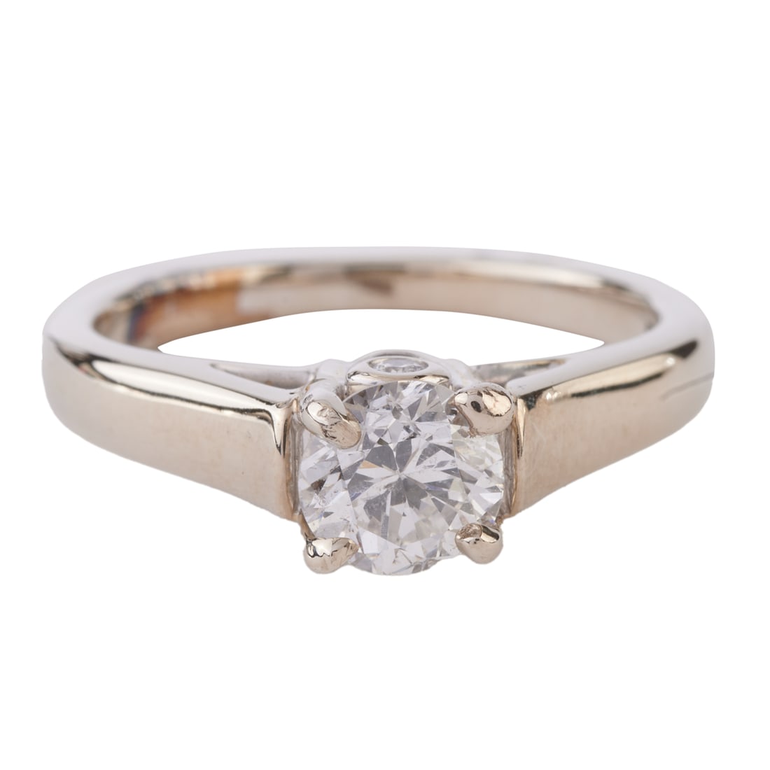 Diamond, 18k White Gold Ring.: Diamond, 18k White Gold Ring. Featuring one round brilliant-cut diamond weighing approximately 0.70 ct., accented by two full-cut diamonds weighing a total of approximately 0.05 cttw., set in an 18k w
