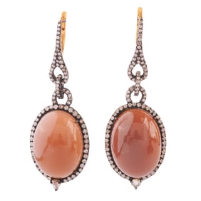 Pair of Moonstone, Diamond, Silver, 18k Gold Earrings.