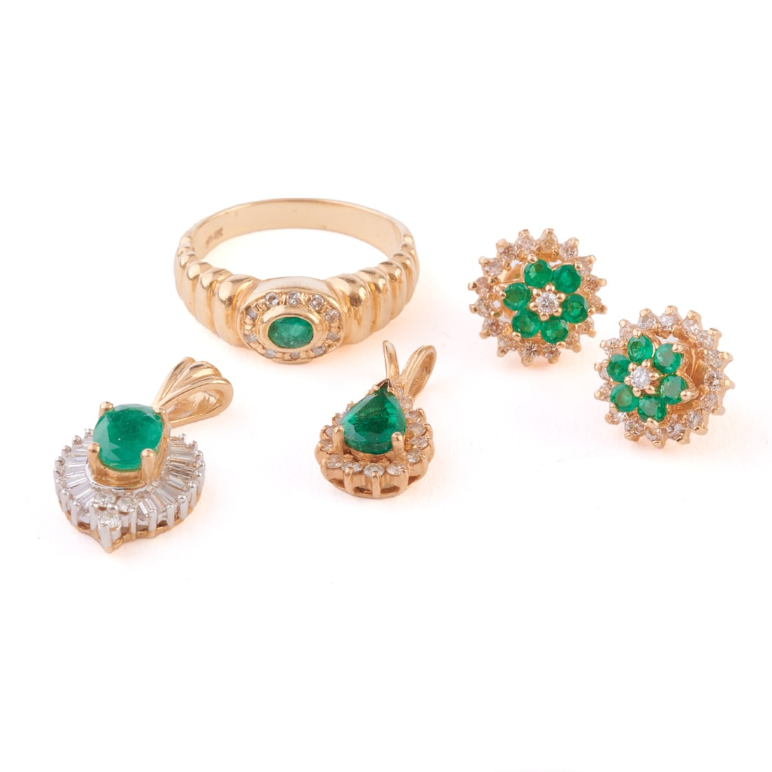 Emerald, Diamond, 14k Yellow Gold Jewelry Suite.: Emerald, Diamond, 14k Yellow Gold Jewelry Suite. Including one oval-cut emerald, diamond, 14k yellow gold pendant measuring approximately 22 x 11 mm; one pear-cut emerald, diamond, 14k yellow gold pen