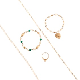 Cultured Pearl, Green Glass, 14k Gold Jewelry Items.