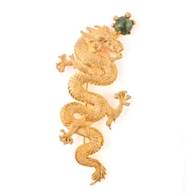 Jade, 22k Yellow Gold Dragon Brooch.