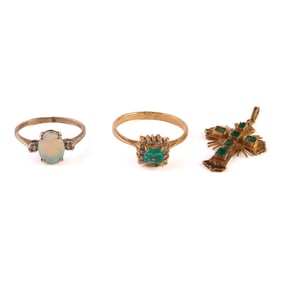 Collection of Three Emerald, Opal, Gold Jewelry Items.
