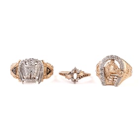 Collection of Three Diamond, Enamel, 10k Gold Rings.