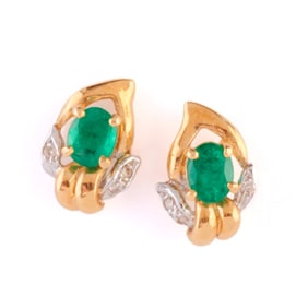 Pair of Emerald, Diamond, 14k Yellow Gold Earrings.