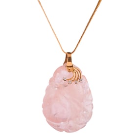 Chinese Rose Quartz, Diamond, Gold Pendant Necklace.