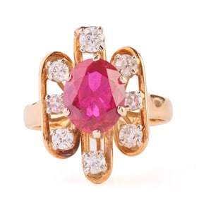 Synthetic Ruby, Diamond, 14k Yellow Gold Ring.