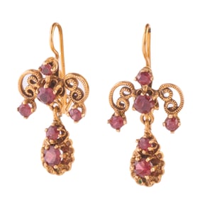 Pair of Vintage Style Garnet, 14k Gold Drop Earrings.