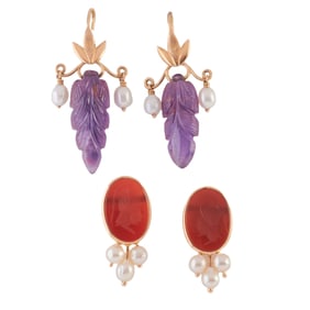 Two Pairs of Multi-Stone, Gold Earrings.
