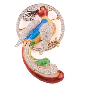 Diamond, Enamel, 18k Yellow Gold Bird Brooch.