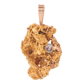 Diamond, Natural Gold Nugget, 14k Yellow Gold Pendant.
