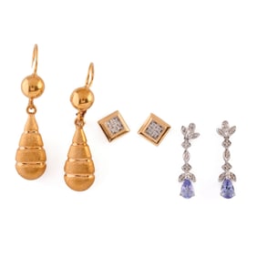 Three Pairs of Tanzanite, Diamond, Gold Earrings.