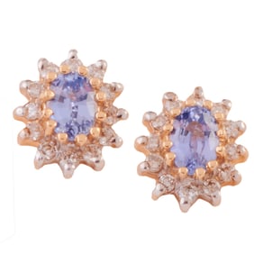 Pair of Tanzanite, Diamond, 14k Gold Stud Earrings.