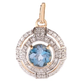 Blue Topaz, Diamond, 18k Yellow Gold Pendant.
