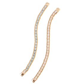 Two Opal, Blue Topaz, 14k Yellow Gold Bracelets.