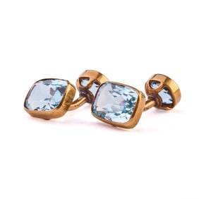 Pair of Blue Topaz, 14k Yellow Gold Cufflinks.
