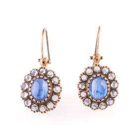 Pair of Kyanite, Moonstone, 14k Yellow Gold Earrings.