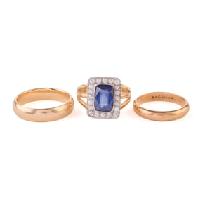 Three Synthetic Sapphire, Diamond, 14k Gold Rings.