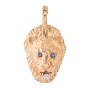 Diamond, Sapphire, 14k Yellow Gold Lion Head Pendant.