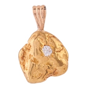 Diamond, Natural Gold Nugget, 14k Yellow Gold Pendant.