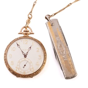 Elgin 14k Gold Pocket Watch with Chain and Knife.