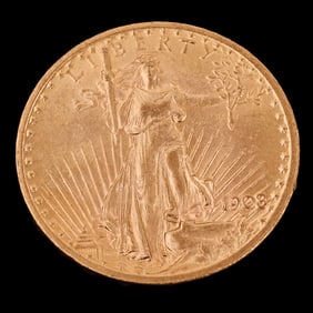 US 1908 Saint Gaudens $20.00 Gold Coin, AU Condition