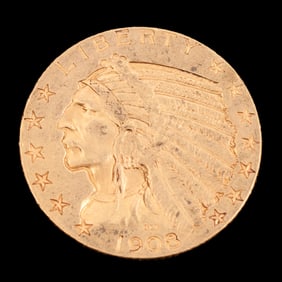US 1908 $5.00 Indian Head Gold Coin, Quarter Ounce