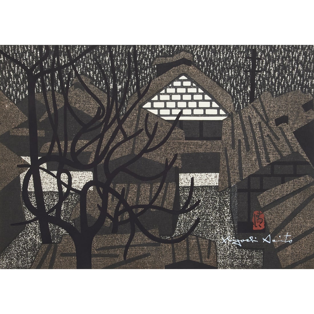 Kiyoshi Saito, Aizu Yanaizu Fukushima woodblock print: Kiyoshi Saito (Japanese 1907-1997), Aizu Yanaizu Fukushima. Color woodblock print, date 1965, signed and artist's red stamp at lower right, titled, numbered 86/100. {Image size: 22 x 16.2 inches (55.9
