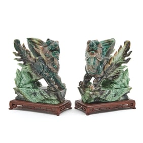 Pair Chinese Jade and Hardstone Mystical Beast Carvings
