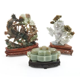 Three Chinese Jade Carvings with Stands and Boxes