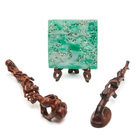 Lot of Three Chinese Jade and Wood Carvings