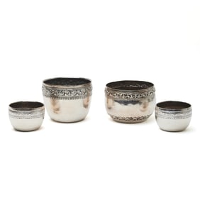 Four Burmese Repousse Alms Bowls