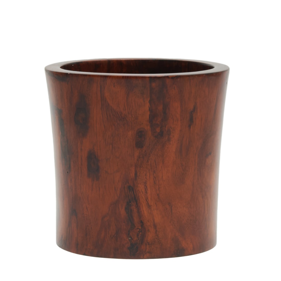 Chinese Huanghuali and Mixwood Brushpot: Chinese Huanghuali and Mixwood Brushpot. Of cylindrical shape, the wood of rich golden brown hue with natural textures and characteristic undulating grain. {Diameter: 7 inches (17.8 cm); Height 6.8 in