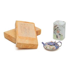 Lot of Four Chinese Tea Bricks, Teapot and Tea Caddy