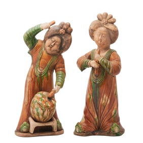 Pair of Chinese Sancai Glazed Court Lady Figures