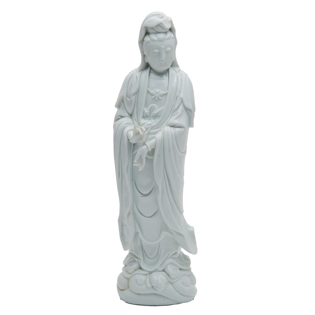 Chinese Dehua Porcelain Bodhisattva, Pu Ji Yu Ren Mark: Chinese Dehua Porcelain Bodhisattva, Pu Ji Yu Ren Mark. Finely cast in standing position wearing diaphanous robes revealing the beaded lotus necklace on the chest, two hands elegantly held in mudras, 