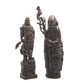 Two Chinese Carved Wooden Figures of Shoulao and Guandi
