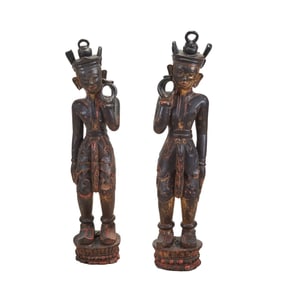 Pair Southeast Asian Gilt and Lacquered Wooden Figures