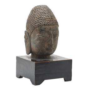 Chinese Carved Stone Buddha Head on Pedestal