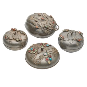 Three Chinese Hardstone Inlaid Pewter Boxes and a Cover