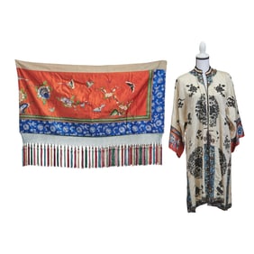 Chinese Art Deco Silk Embroidered Robe and Panel