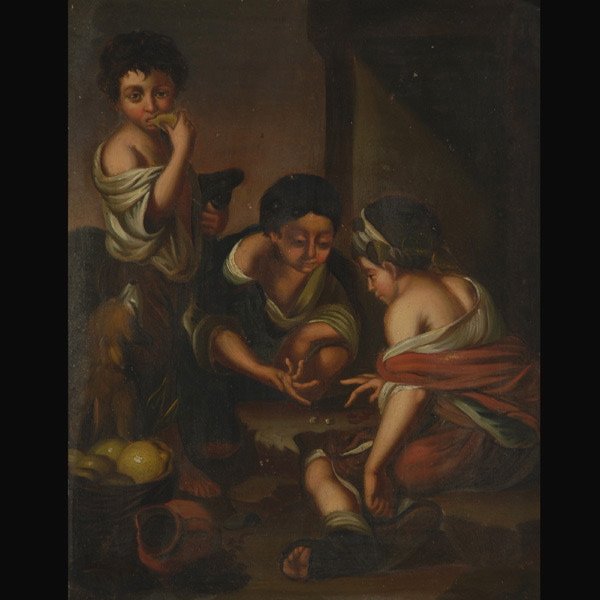 Continental School "Boys Playing Dice" : Continental School (Late 19th Century) "Boys Playing Dice" Oil on tin. 8 x 6.75 inches/ 20.3 x 17.2 centimeters. Frame: 14.5 x 13 inches/ 36.8 x 33 centimeters.