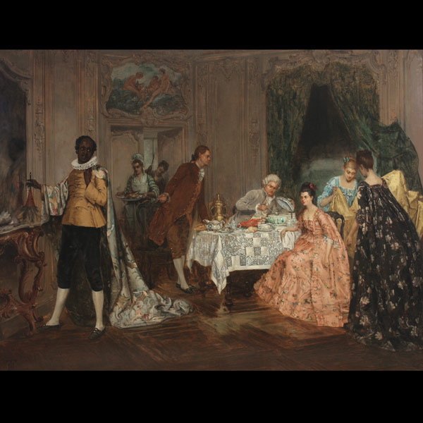 HARRY THOMPSON "Aristocratic Dinner" Oil : HARRY THOMPSON (British 19th Century) "The Aristocratic Dinner Party, 1874" Oil on canvas mounted to press board. 41.5 x 53 inches/ 105.4 x 134.6 centimeters. Signed & dated lower left "H. Thompson, 1