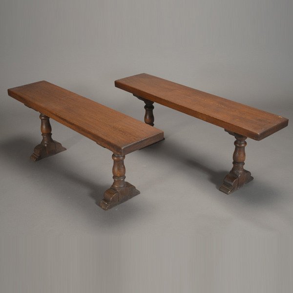 Pair of Oak Plank Benches in the Gothic Taste: Pair of Oak Plank Benches in the Gothic Taste, Marshall Laird Los Angeles metal tags on base {Dimensions 18 x 46 x 11 inches}