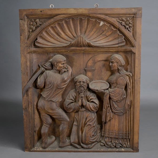 Flemish Baroque Style Figural Wood Wall Plaque: Flemish Baroque Style Figural Wood Wall Plaque of Beheading of St. John the Baptist {Dimensions 55 x 44 1/2 inches}