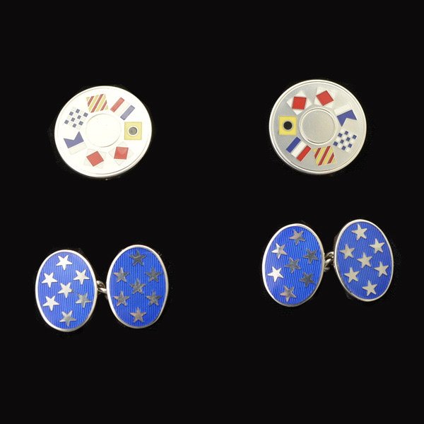 TWO PAIRS OF TIFFANY & CO. CUFFLINKS.: COLLECTION OF TWO PAIRS OF TIFFANY & CO. ENAMEL, STERLING SILVER CUFFLINKS. Including one pair of yacht flag, round disc sterling silver swivel back cufflinks together with one pair of enamel star, st
