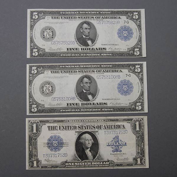 Lot of Three United States Bills: Lot of Three US Bills Including One "Dollar Series 1923 Silver Certificate" and Two Five Dollar Federal Reserve Notes Series 1914
