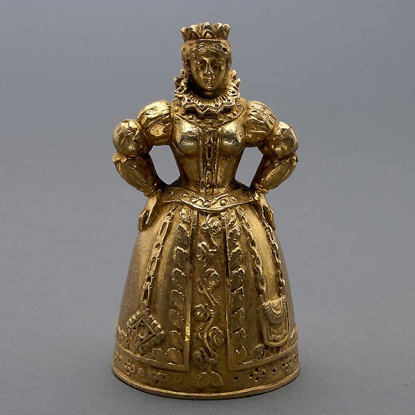Edwardian Elizabeth I Silver Gilt Cased Bell: Edwardian Silver Gilt Bell Fashioned as the Figure of Queen Elizabeth I, Fitted in a B. Thomas & Comp. Goldsmiths & Silversmiths, 53 New Bond St {Height of Figure 3 1/2 inches}