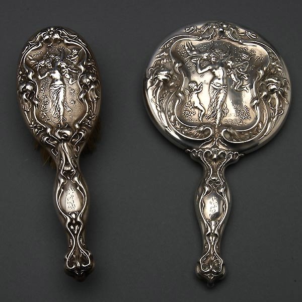 Wallace Sterling Brush & Mirror Depicting Venus: Wallace Sterling Mounted Two Piece Brush & Mirror Depicting Venus {Length of Mirror 9 1/2 inches} [Mirror needs to be replaced]